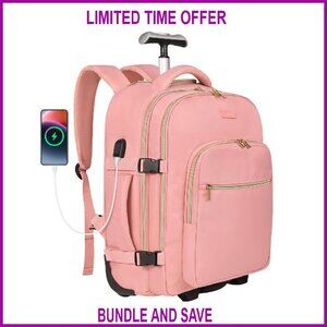 17-Inch Rolling Laptop Backpack with Wheels, USB Port, Waterproof Travel Bag